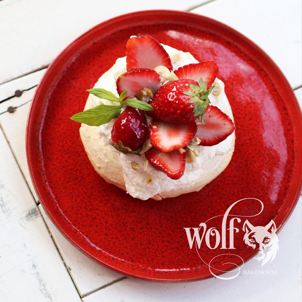 Strawberry pavlova, overhead by Milene Pereira at Wolf Bakehouse